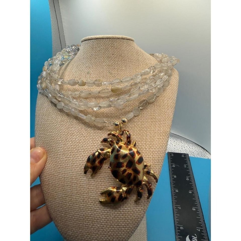 Leopard Print Crab Pendant Multi-Strand Beaded Statement Necklace Gold Tone AB